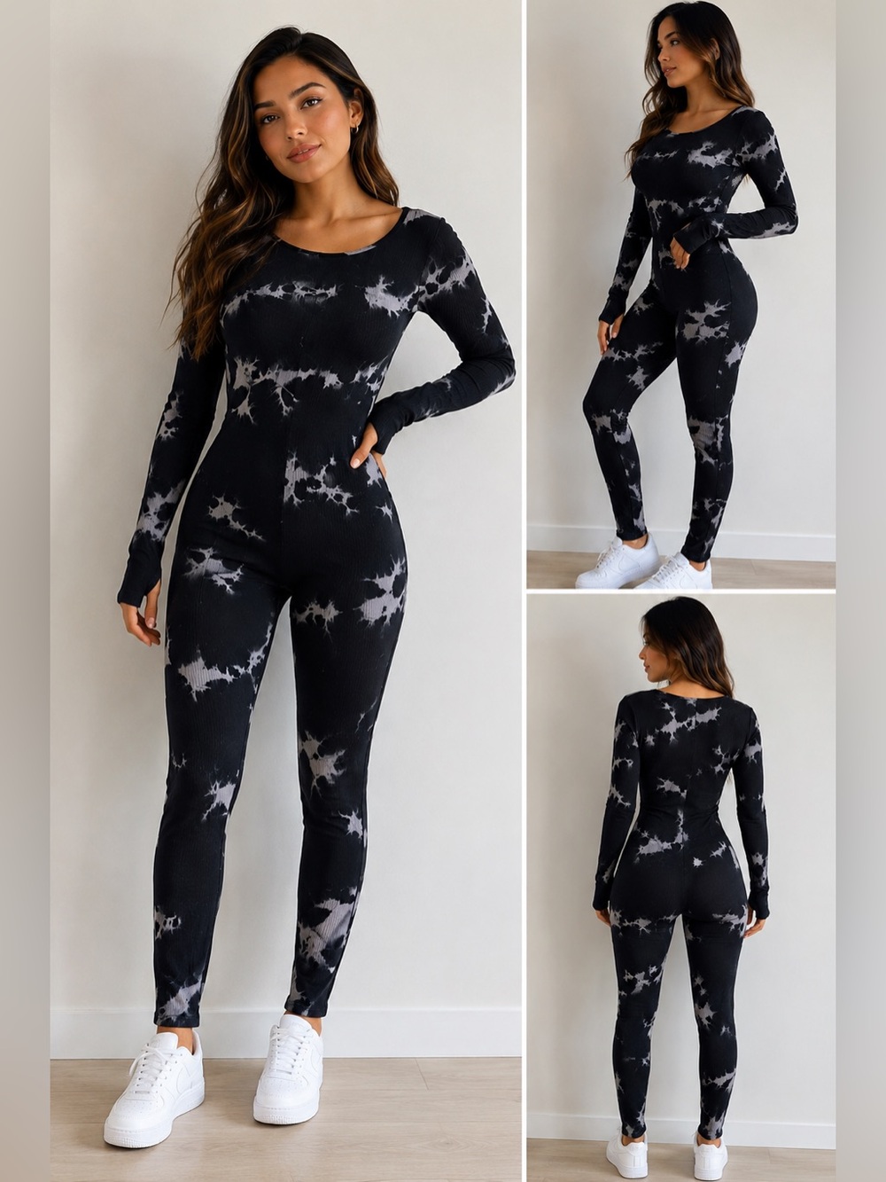 Women's Black Tie-Dye Long-Sleeve Jumpsuit